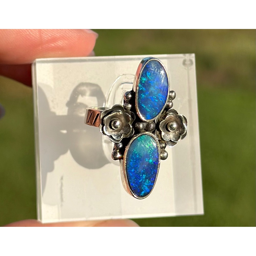 Australian Opal Double Stone Sterling‎ Silver Ring Size 7.5 - Picture 2 of 9